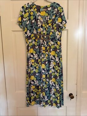 Boden Leaf-Print Midi Dress in Yellow, Blue, Green & White